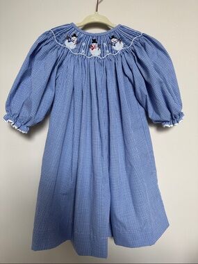 Blue Gingham Smocked Kids Dress with Snowman Embroidery